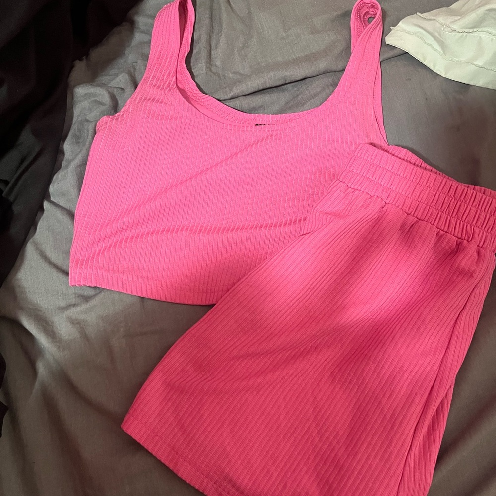 SHEIN Pink Ribbed Tank Top and Skirt Set